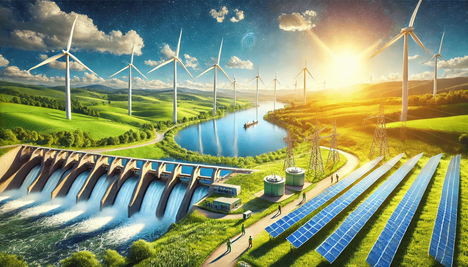 Renewable energy landscape with wind turbines, dam and solar panels